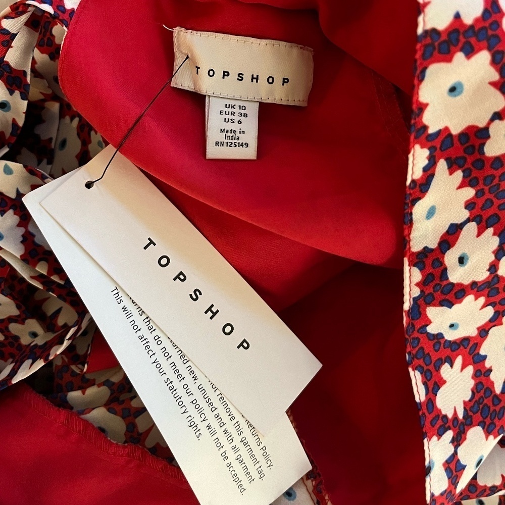 NWT TOPSHOP | Daisy Print Puff Sleeve Tie Back Midi Dress In Red Multi | Size 6 - Picture 11 of 12